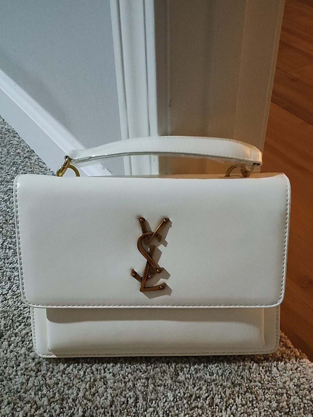 Saint Laurent White Leather Shoulder Bag with Gold YSL Logo